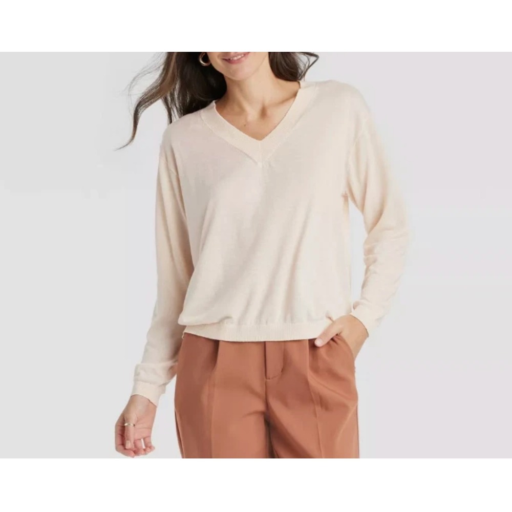 Women's Fine Gauge V-Neck Pullover Sweater - A New Day Cream XXL
